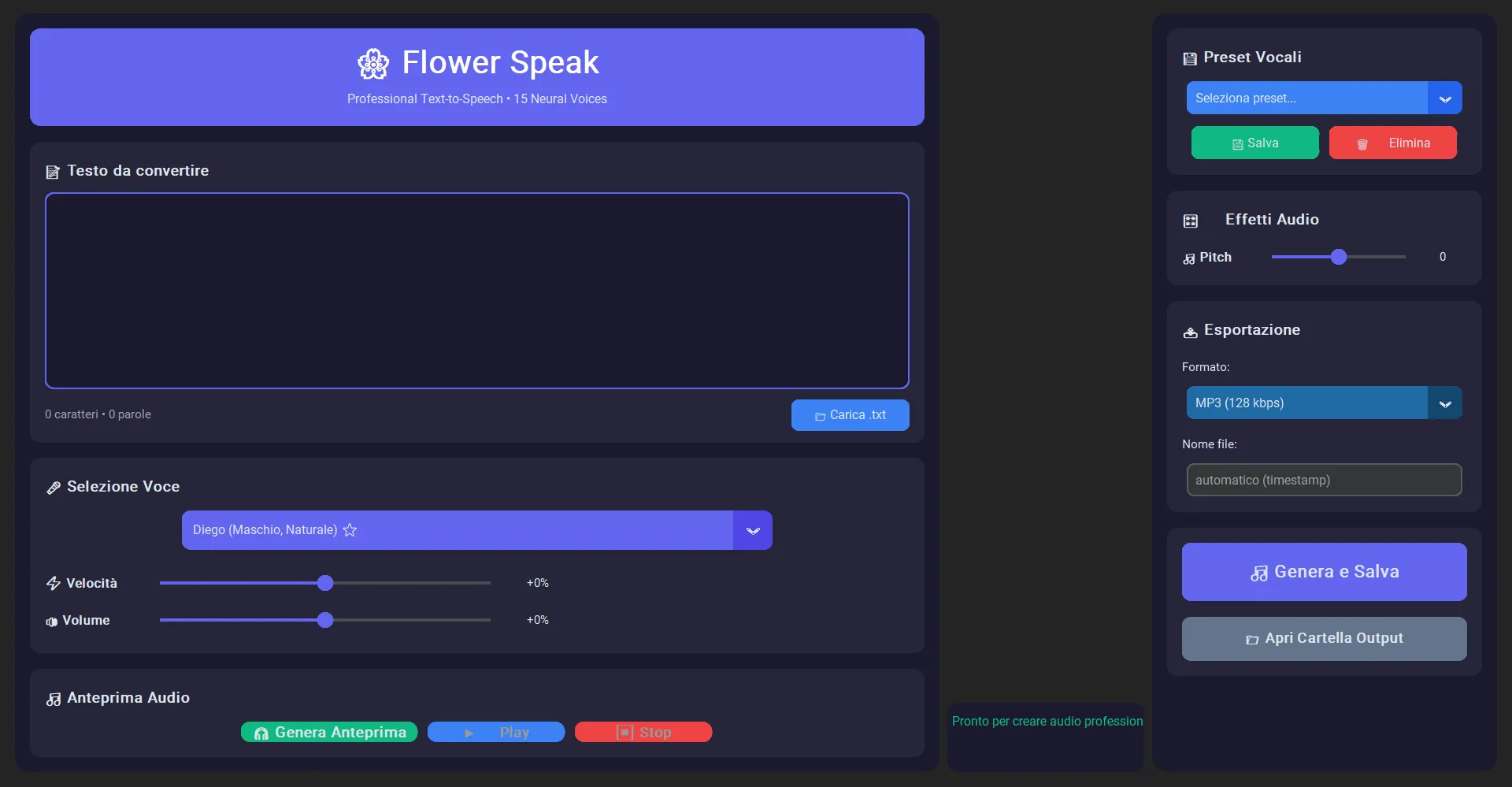 FlowerSpeak — Interfaccia del tool SaaS per conversione testo-voce con voci AI naturali multi-lingua, sviluppato da Foxmedia per podcast, e-learning e content creator