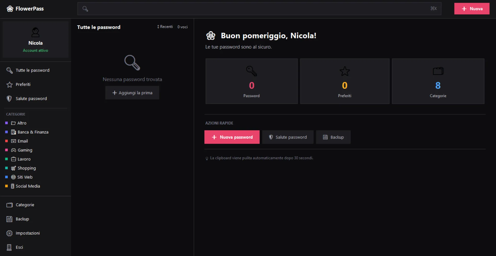 memopass — Schermata del password manager aziendale proprietario con crittografia end-to-end e vault condivisi per team, sviluppato da Foxmedia su Laravel