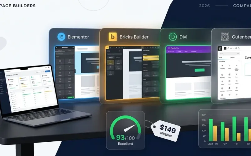 Confronto visivo tra i principali page builder WordPress 2026: Elementor, Bricks Builder, Divi e Gutenberg.